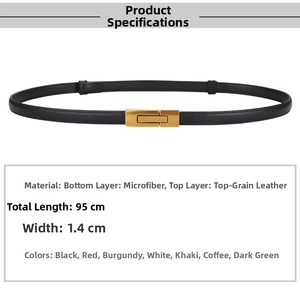 Detail of 1.4cm slim black leather belt with golden buckle and layered material info