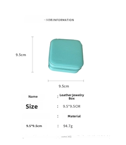 Detail view of mint green leather jewelry box with dimensions 9.5x9.5cm and zipper