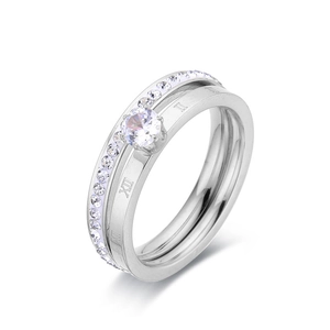 Double-layered Roman numeral ring with six-prong round zircon in silver finish