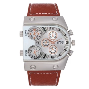 Fashion men's multi-dial quartz watch with brown leather strap and silver metal case