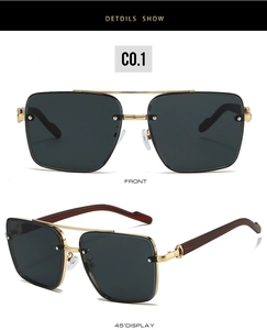 Detail of double-bridge gold sunglasses with dark lenses and wooden textured temples