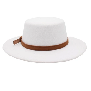 Classic white wool felt boater hat with flat top and brown leather band detail