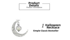 Detail view of crescent moon pendant with intricate filigree and luminous bead glow effect