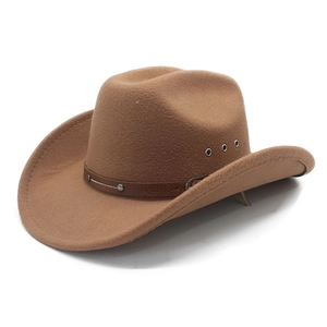Close-up of brown felt cowboy hat with leather band, silver studs and metal eyelets