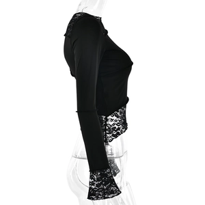 Detail of black lace patchwork sleeves and slim fit fabric on a stylish round neck top