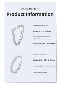 Detail view of S925 sterling silver V-shape and straight band rings with Moissanite