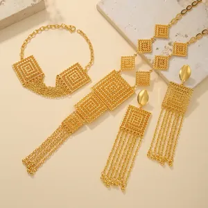 Elegant gold plated layered tassel jewelry set with square pattern necklace and earrings