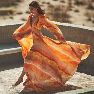 Women Long Sleeve One Piece Swimsuit And Pleated Skirt V Neck Tie Dye Gradient Print Bodysuit Beach Vacation Swimwear