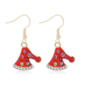 Detailed macro of red enamel Christmas hat earrings with colorful rhinestones and gold hooks