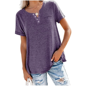 Women's V-neck short sleeve Henley T-shirt with pocket in heather purple knit fabric