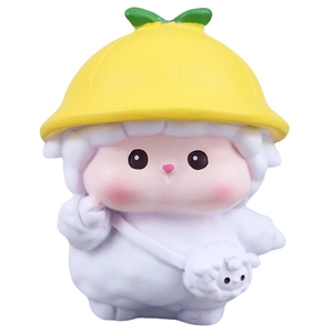 Cute white lamb mini ornament with yellow hat for car dashboard and desk decoration