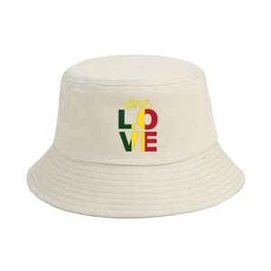 Cream cotton bucket hat featuring colorful one LOVE print for outdoor sun protection