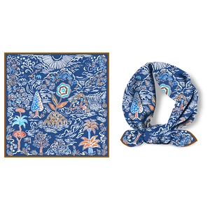 Silk-like square scarf with natural landscape pattern in blue, orange and white hues