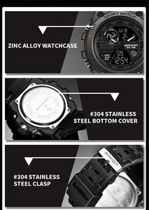 Detail view of SANDA sports watch showing zinc alloy case and 304 stainless steel buckle