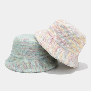 Colorful knitted bucket hat for women with vibrant stripes and sun protection style