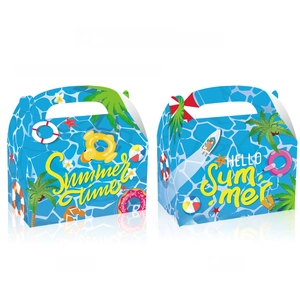 Close-up of blue summer pool party gift box with handles and beach theme patterns