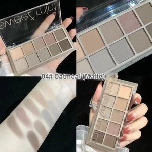 Macro view of 12-color matte eyeshadow palette in earthy oatmeal tones for eye contouring