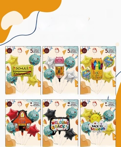Back to school theme aluminum foil balloon sets, cute cartoon designs for classroom party decoration.