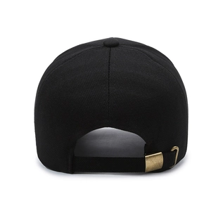 Rear view of black canvas baseball cap showing adjustable bronze metal buckle and texture