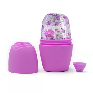 Macro view of purple rose-shaped silicone ice roller kit with base and stopper