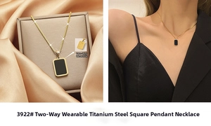 Detailed macro view of a dual-sided gold titanium square pendant necklace with black inlay
