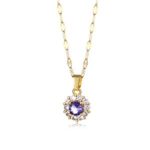 Elegant gold titanium steel necklace featuring a sunflower pendant with purple zircon