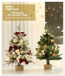 Mini tabletop Christmas tree set with pine cones, LED lights, and rustic wood base