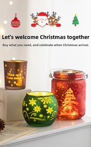 Three decorative Christmas glass candle holders in red, green, and brown with festive patterns