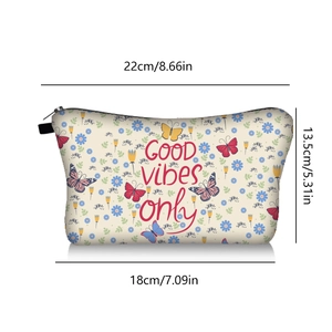 Butterfly floral makeup bag with Good Vibes Only slogan and size dimensions 22x13.5x18cm