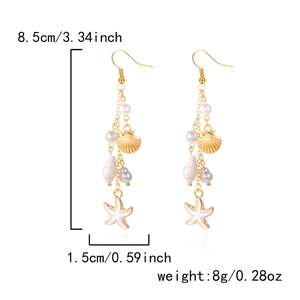Detailed size chart of summer starfish earrings with seashell and pearl charms