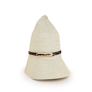 Detailed view of the woven straw hat featuring a leopard print band and golden buckle
