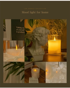 Macro display of LED candle collection with warm yellow glow in cozy home settings
