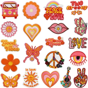 Set of 20 retro bohemian butterfly and flower embroidered iron-on patches for clothing