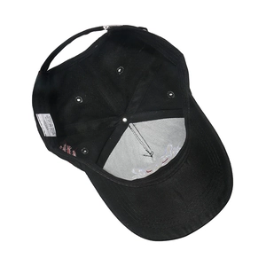 Inside view of 100% cotton black baseball cap showing reinforced seams and metal buckle strap