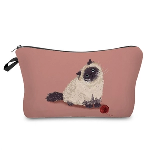 Borsa cosmetica rosa con stampa di gatto carino, cerniera e maniglia laterale
