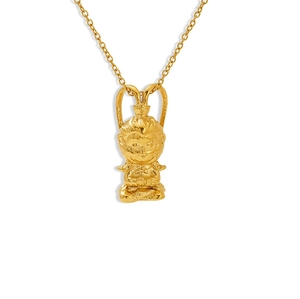 Detailed view of 3D gold-plated Monkey King pendant in meditating pose on chain