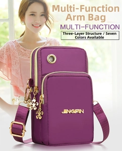 Detail of purple waterproof nylon bag featuring three zipper pockets and floral charms