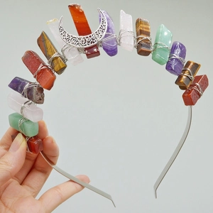 Handcrafted headband with mixed raw crystals and silver hollow moon decorative piece