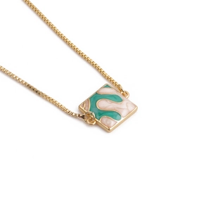Fashion gold necklace with geometric square enamel pendant in green and beige