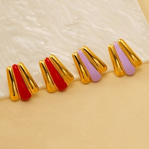 18k gold plated stainless steel enamel hoop earrings in red and purple striped design