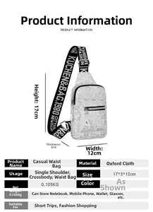 Detail view of a gray oxford cloth chest bag with adjustable strap and size parameters