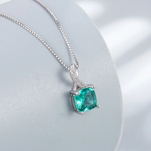 Elegant S925 sterling silver necklace with square emerald green pendant and cubic zirconia