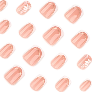 Minimalist white French square press-on nails with floral patterns and gold glitter accents