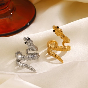 Fashionable stainless steel snake rings in gold and silver with realistic scale texture