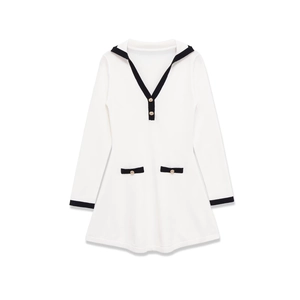 White long-sleeved dress with black trim, V-neck, and gold buttons for women