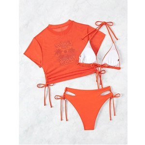 Detail of orange three-piece bikini set with mesh top and high waist drawstring bottoms