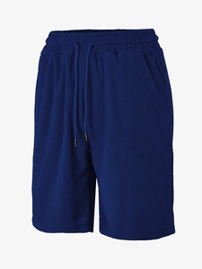 Detail shot of navy blue waffle texture fabric and drawstring on men's casual shorts