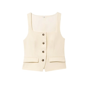 Women's cream white square neck vest with four buttons and decorative pockets
