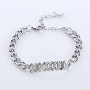 Silver stainless steel Cuban link bracelet with iced-out geometric diamond centerpiece