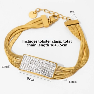 Detail of gold multi-layer snake chain bracelet with crystal rectangle plate and clasp
